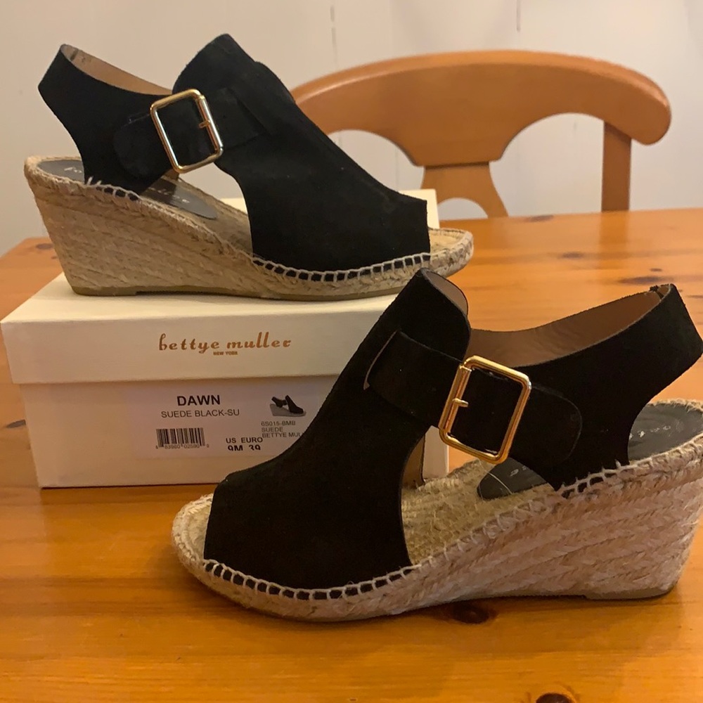 Bettye Muller black suede peep toe espadrilles, size 9